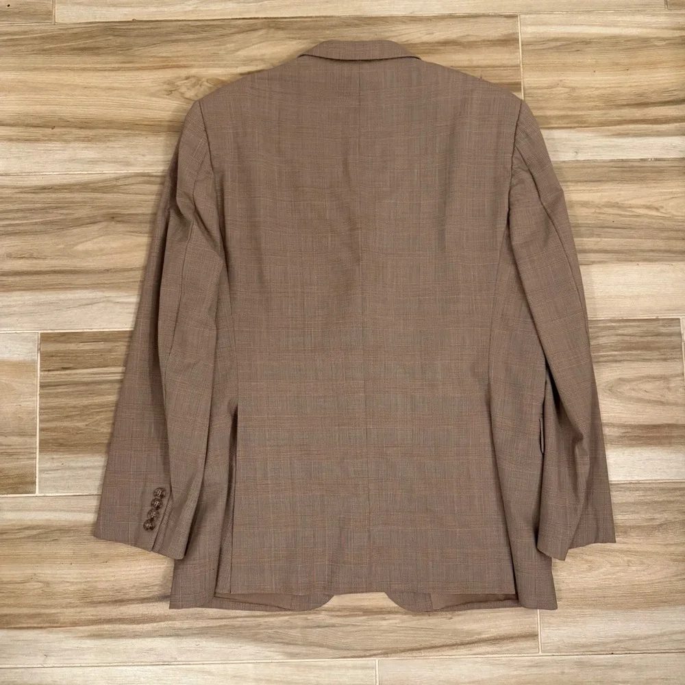 Burberry London Mens 42R Worsted Wool Blazer Tan Glen Plaid‎ Made in USA